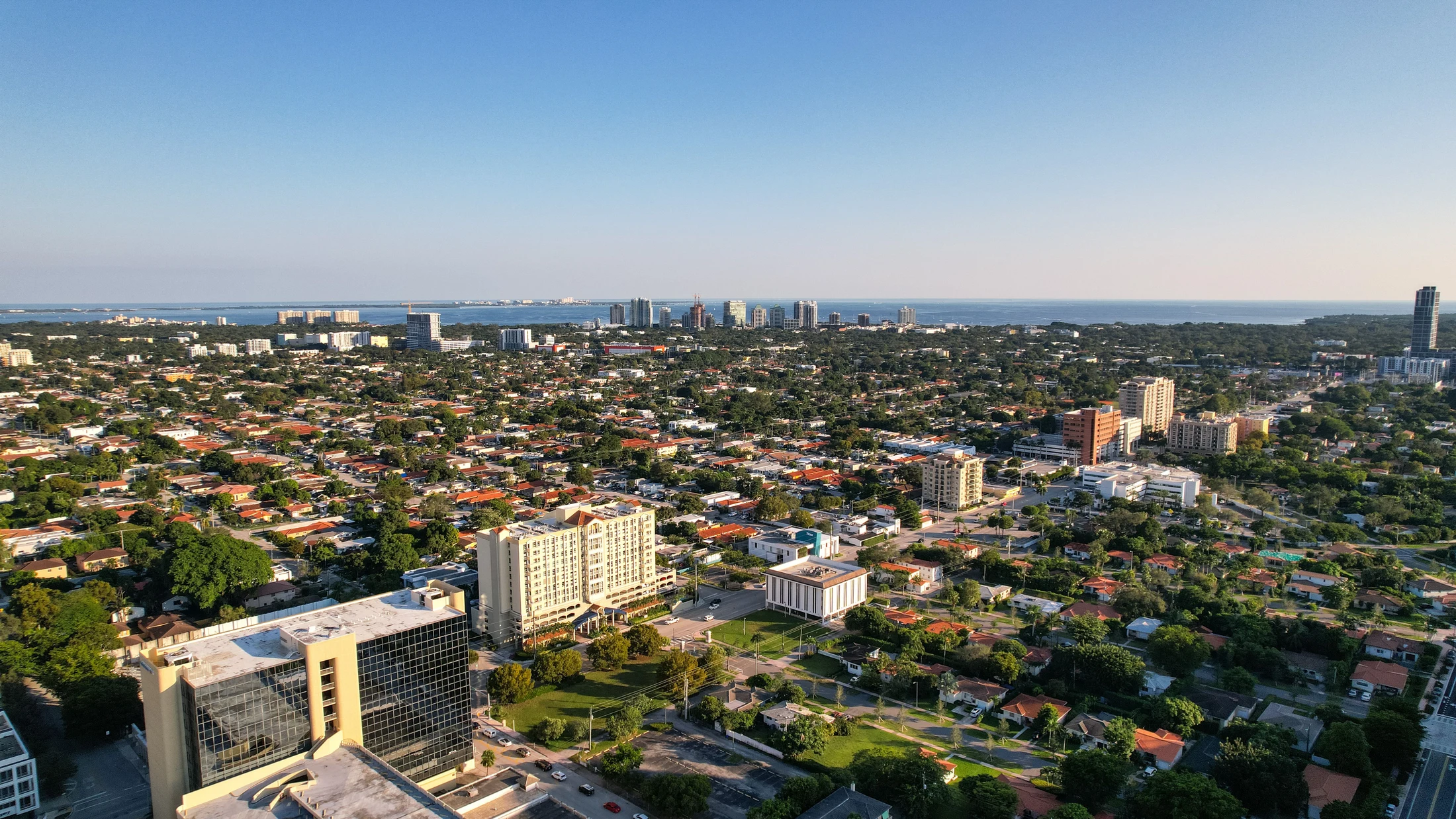 Aerial view of Miami residential districts and skyline